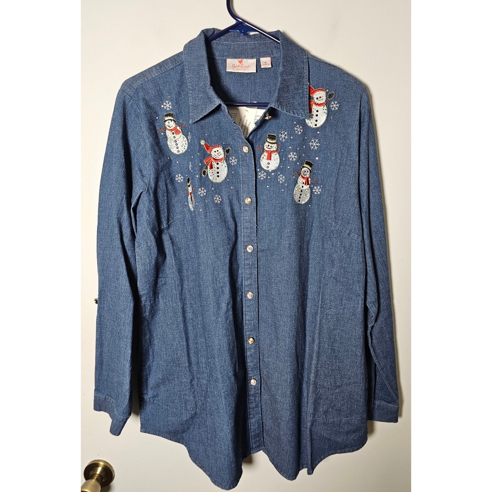 Quacker Factory Vintage Snowman Denim Shirt Blue Rhinestone Christmas Medium NWT